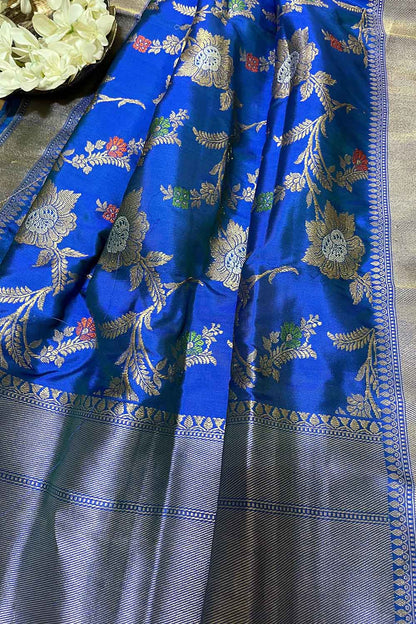 Blue Handloom Banarasi Pure Katan Silk Meenakari Dupatta - Luxurion World