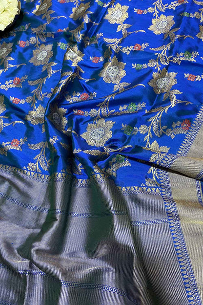 Blue Handloom Banarasi Pure Katan Silk Meenakari Dupatta - Luxurion World