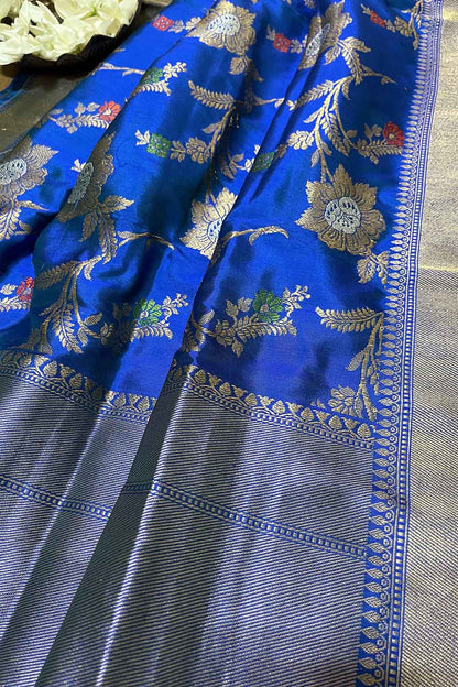 Blue Handloom Banarasi Pure Katan Silk Meenakari Dupatta - Luxurion World