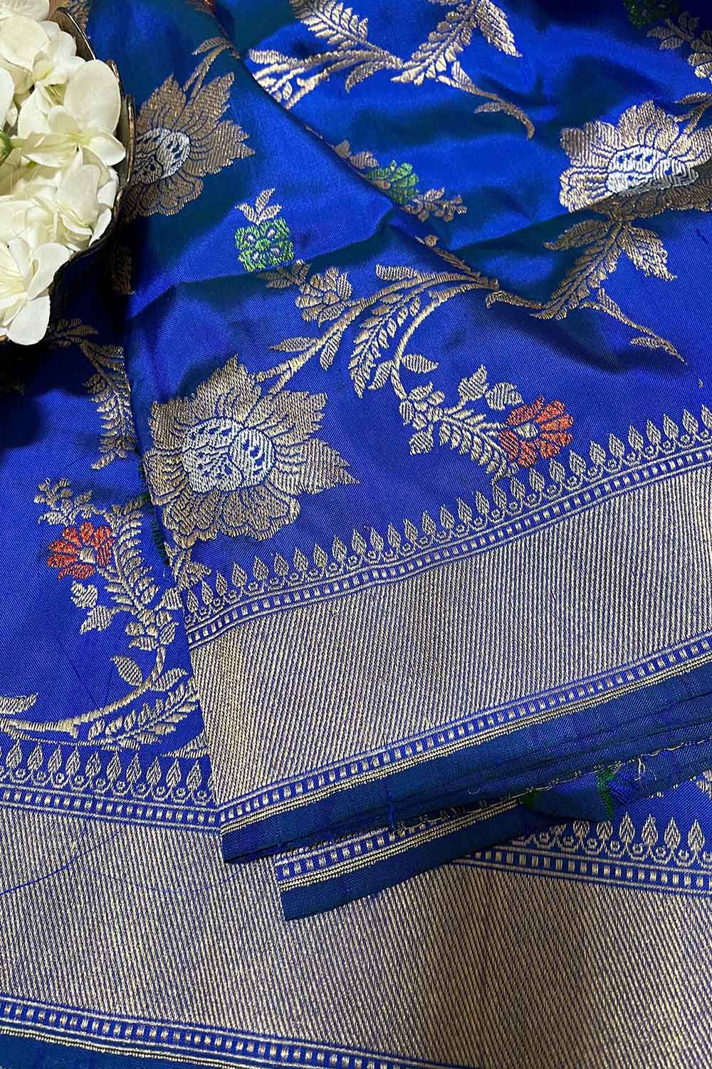 Blue Handloom Banarasi Pure Katan Silk Meenakari Dupatta - Luxurion World- Crafted Heirlooms
