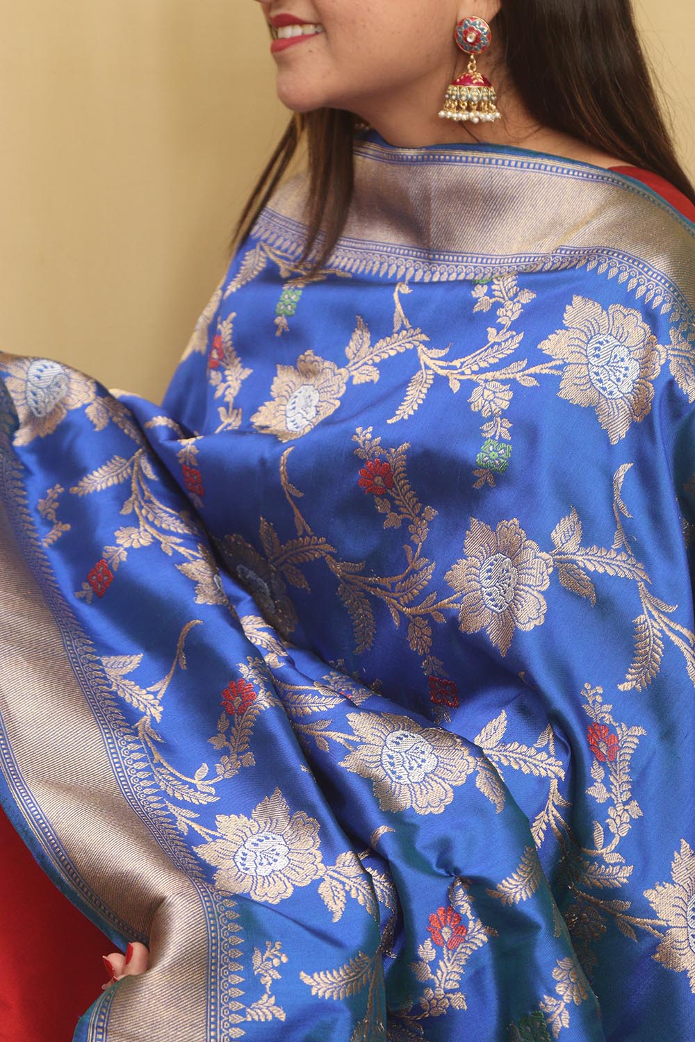 Blue Handloom Banarasi Pure Katan Silk Meenakari Dupatta - Luxurion World- Crafted Heirlooms