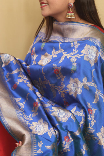 Blue Handloom Banarasi Pure Katan Silk Meenakari Dupatta - Luxurion World