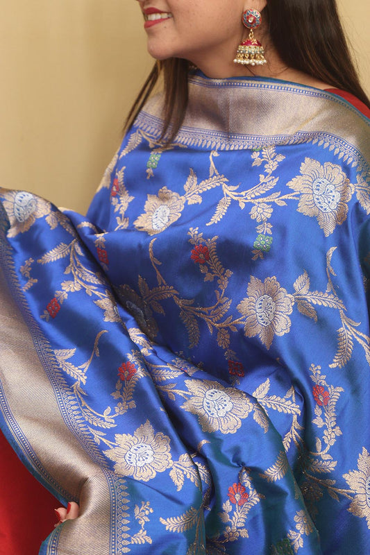Blue Handloom Banarasi Pure Katan Silk Meenakari Dupatta - Luxurion World