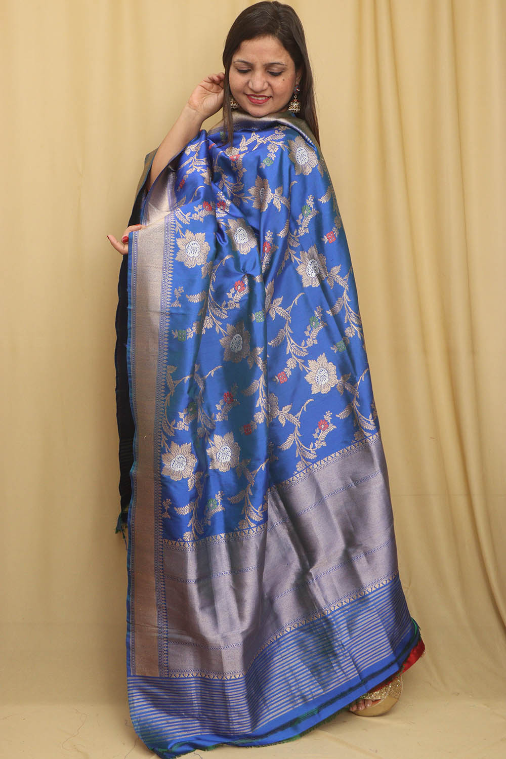 Blue Handloom Banarasi Pure Katan Silk Meenakari Dupatta - Luxurion World