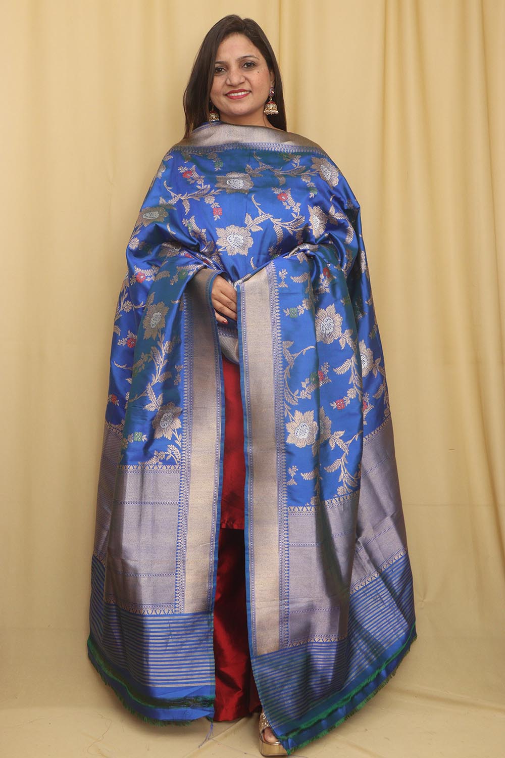 Blue Handloom Banarasi Pure Katan Silk Meenakari Dupatta - Luxurion World
