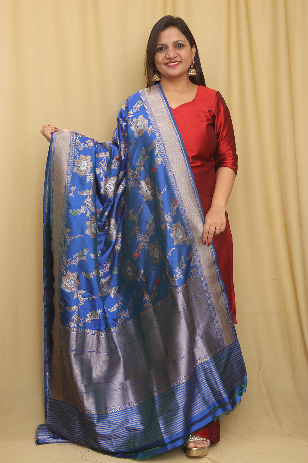 Blue Handloom Banarasi Pure Katan Silk Meenakari Dupatta - Luxurion World