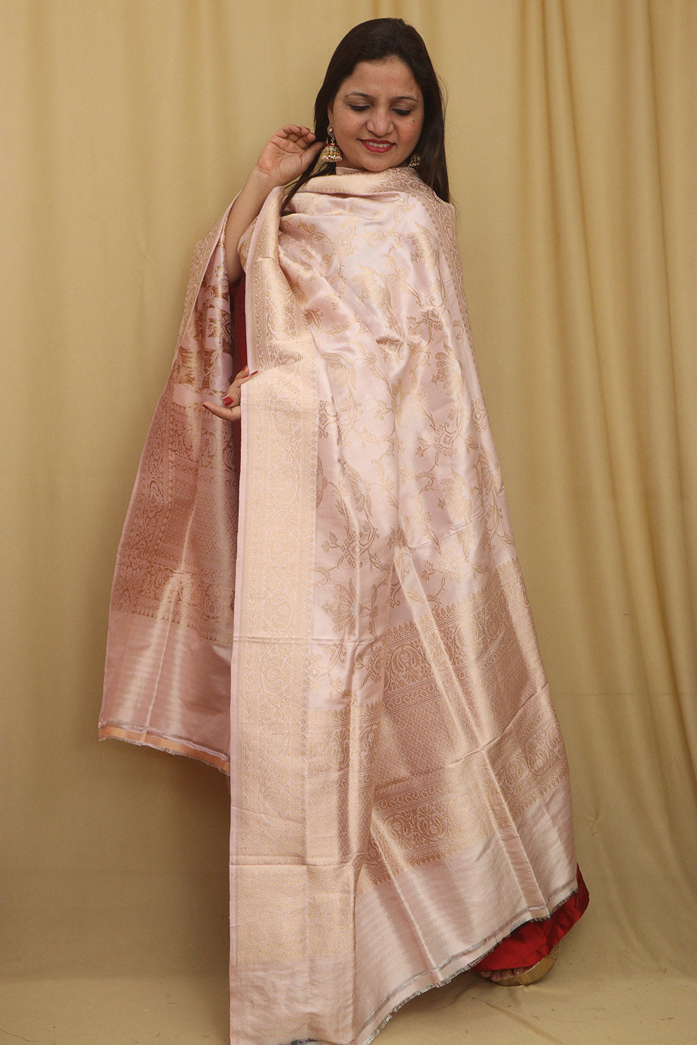 Pastel Pink Handloom Banarasi Pure Katan Silk Sona Roopa Dupatta - Luxurion World