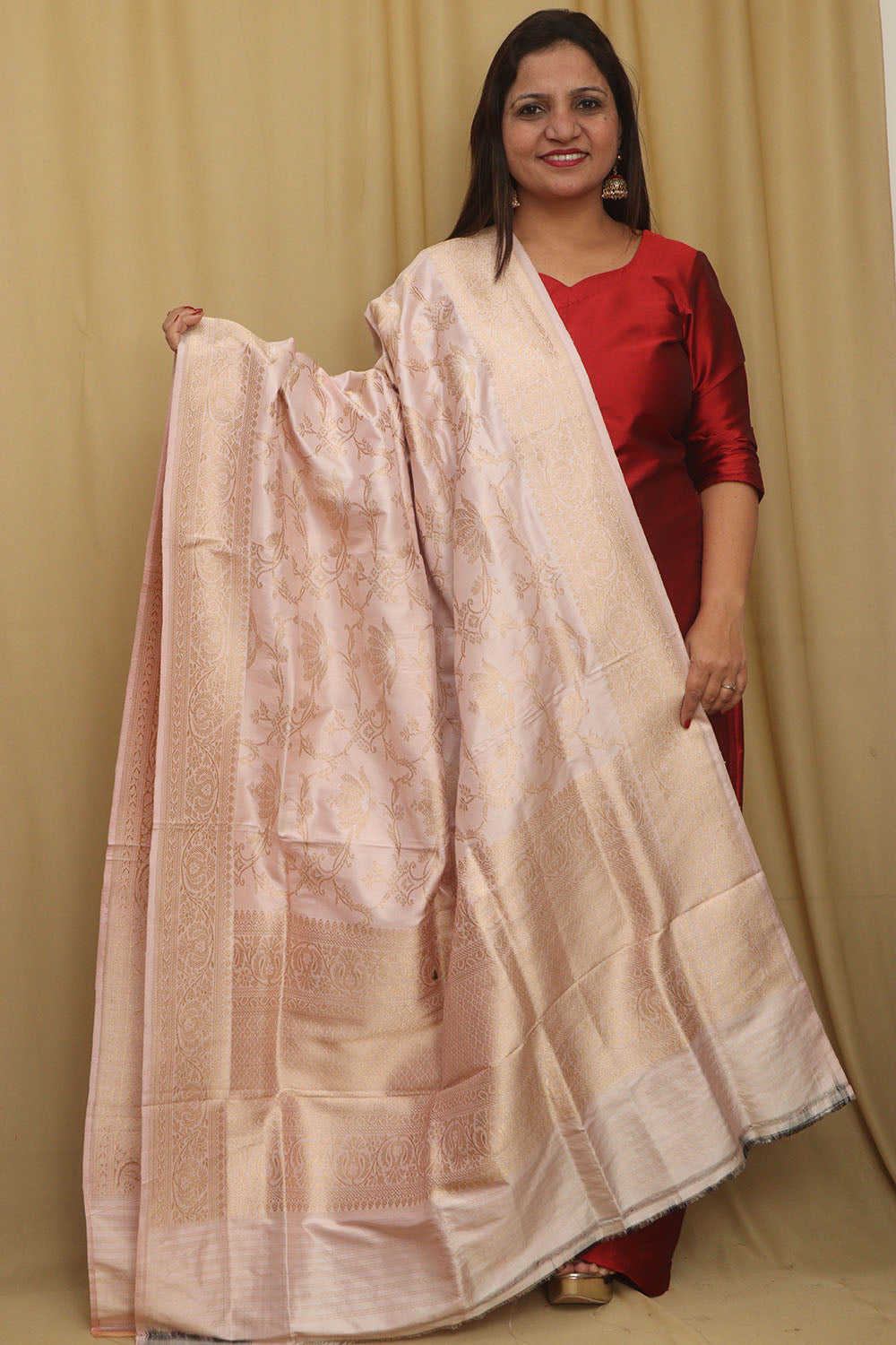 Pastel Pink Handloom Banarasi Pure Katan Silk Sona Roopa Dupatta - Luxurion World