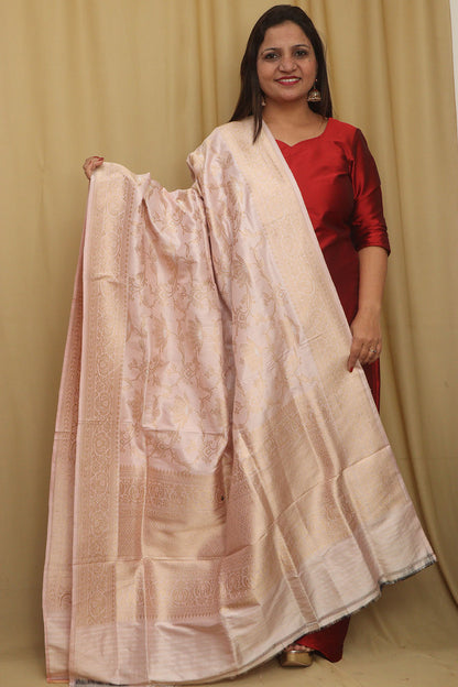 Pastel Pink Handloom Banarasi Pure Katan Silk Sona Roopa Dupatta - Luxurion World