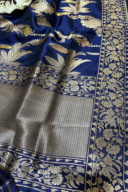 Blue Handloom Banarasi Pure Katan Silk Meenakari Dupatta - Luxurion World