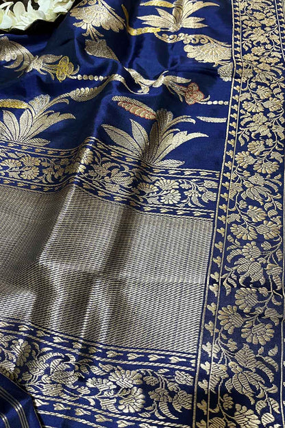 Blue Handloom Banarasi Pure Katan Silk Meenakari Dupatta - Luxurion World