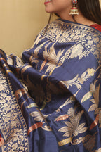 Blue Handloom Banarasi Pure Katan Silk Meenakari Dupatta - Luxurion World- Crafted Heirlooms