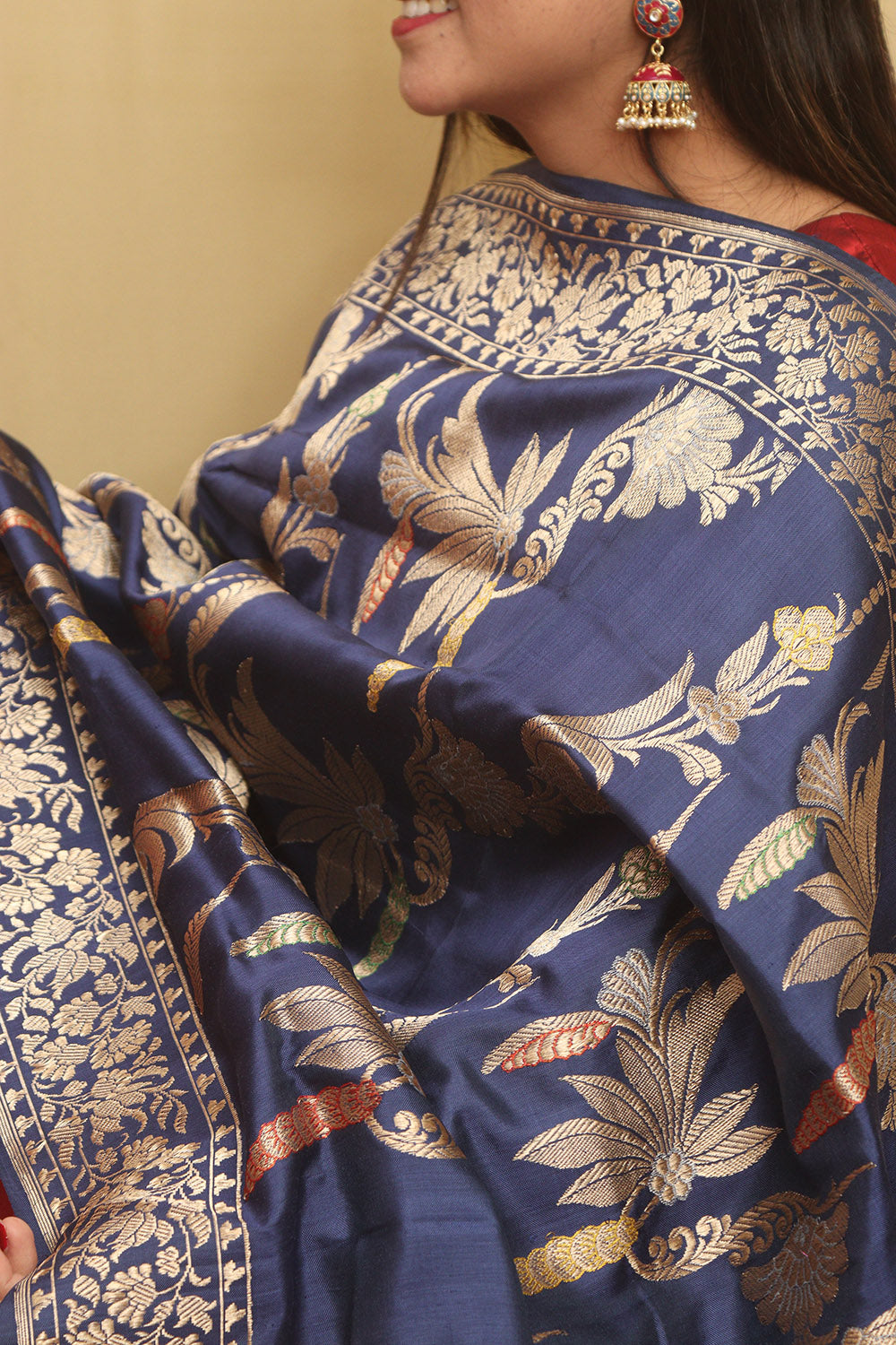 Blue Handloom Banarasi Pure Katan Silk Meenakari Dupatta - Luxurion World- Crafted Heirlooms