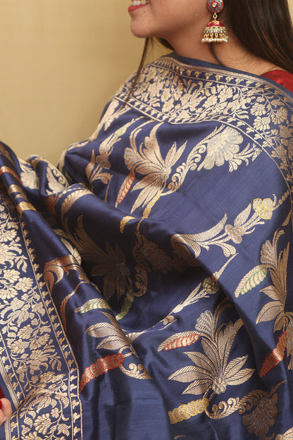 Blue Handloom Banarasi Pure Katan Silk Meenakari Dupatta - Luxurion World