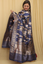 Blue Handloom Banarasi Pure Katan Silk Meenakari Dupatta - Luxurion World- Crafted Heirlooms
