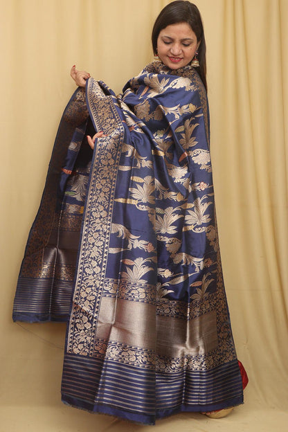 Blue Handloom Banarasi Pure Katan Silk Meenakari Dupatta - Luxurion World