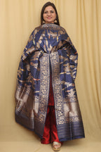 Blue Handloom Banarasi Pure Katan Silk Meenakari Dupatta - Luxurion World- Crafted Heirlooms