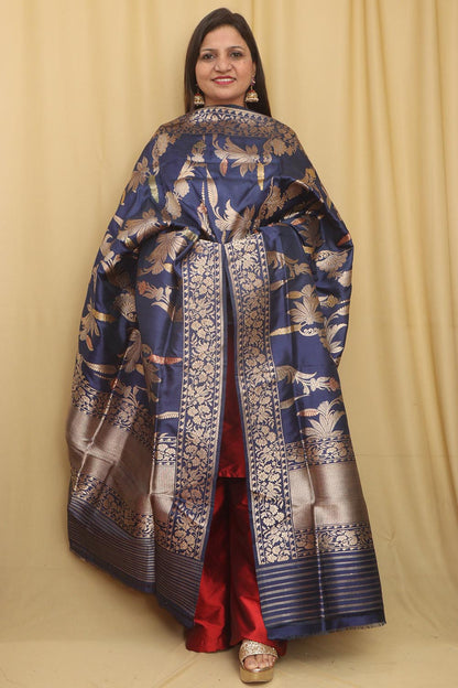 Blue Handloom Banarasi Pure Katan Silk Meenakari Dupatta - Luxurion World