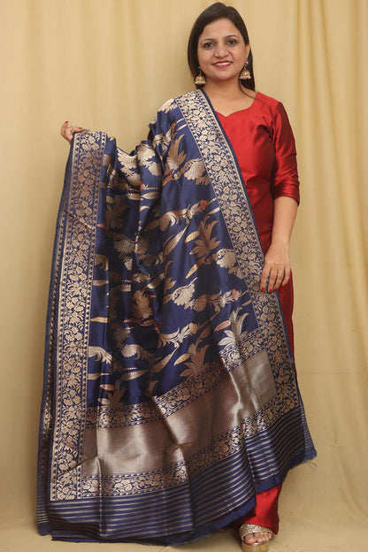 Blue Handloom Banarasi Pure Katan Silk Meenakari Dupatta - Luxurion World