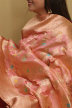 Pink And Orange Shot Handloom Banarasi Pure Katan Silk Meenakari Dupatta - Luxurion World- Crafted Heirlooms