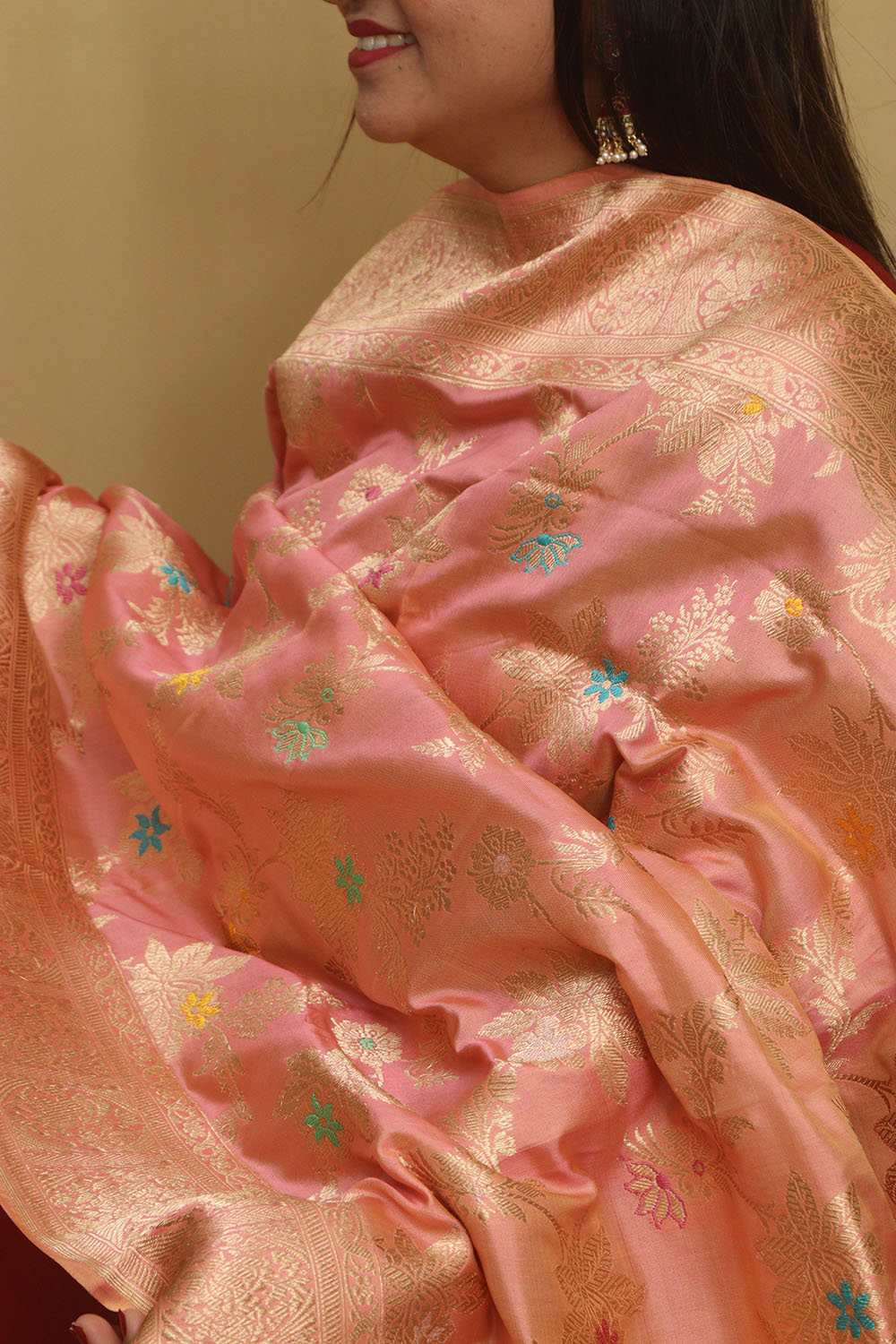 Pink And Orange Shot Handloom Banarasi Pure Katan Silk Meenakari Dupatta - Luxurion World