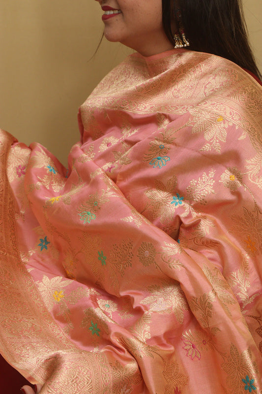 Pink And Orange Shot Handloom Banarasi Pure Katan Silk Meenakari Dupatta - Luxurion World
