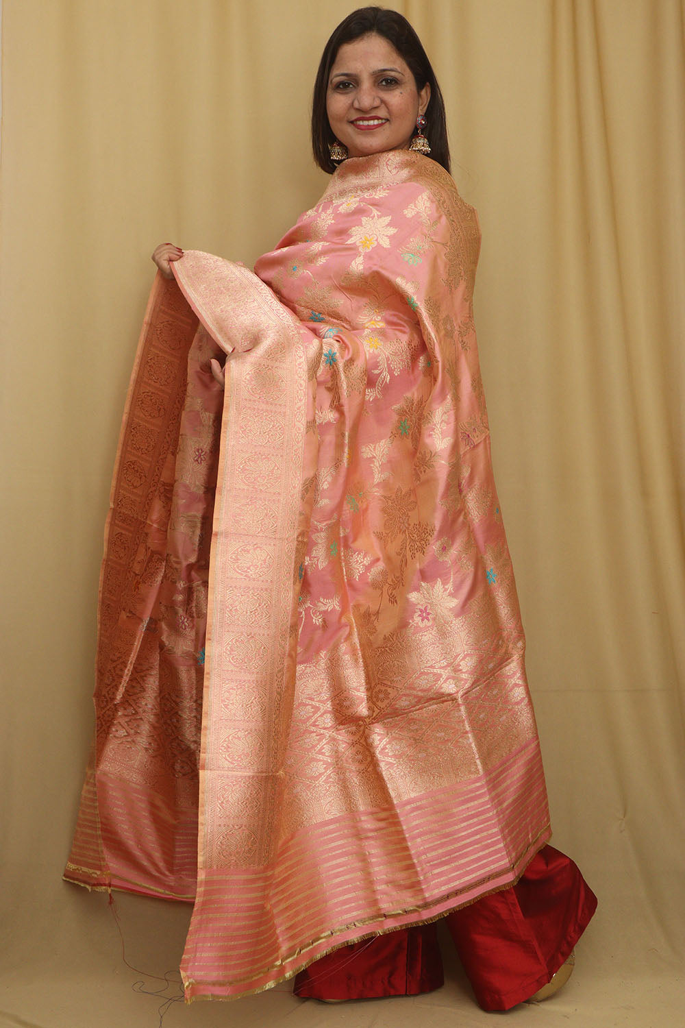 Pink And Orange Shot Handloom Banarasi Pure Katan Silk Meenakari Dupatta - Luxurion World- Crafted Heirlooms