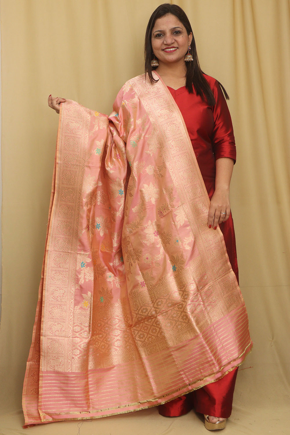 Pink And Orange Shot Handloom Banarasi Pure Katan Silk Meenakari Dupatta - Luxurion World- Crafted Heirlooms