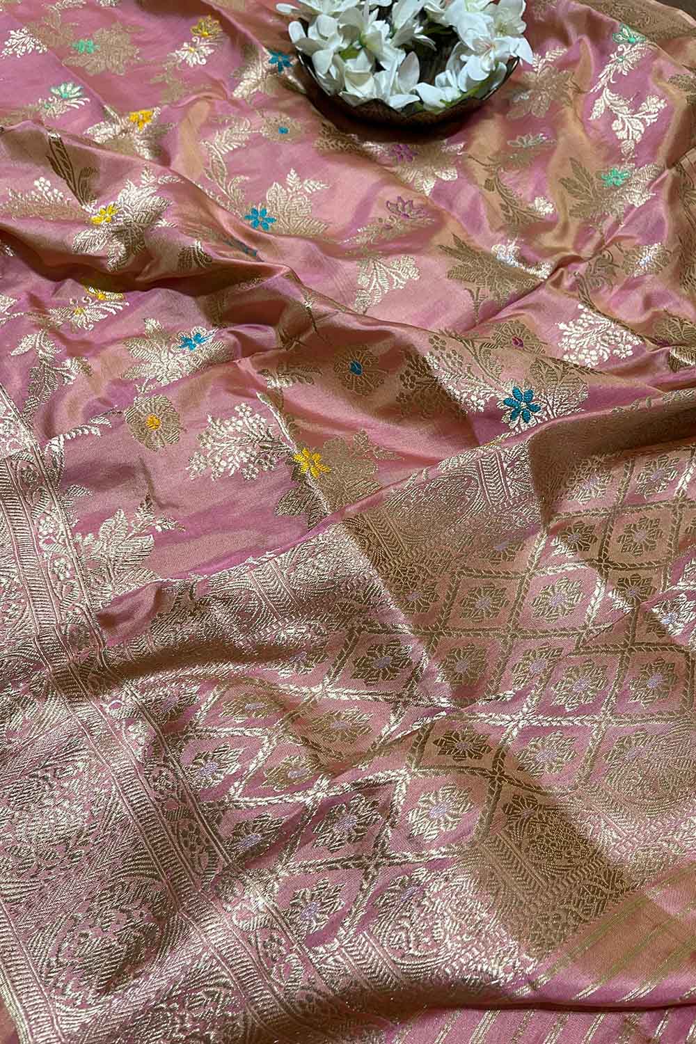 Pink And Orange Shot Handloom Banarasi Pure Katan Silk Meenakari Dupatta - Luxurion World
