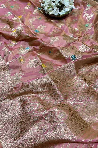 Pink And Orange Shot Handloom Banarasi Pure Katan Silk Meenakari Dupatta - Luxurion World