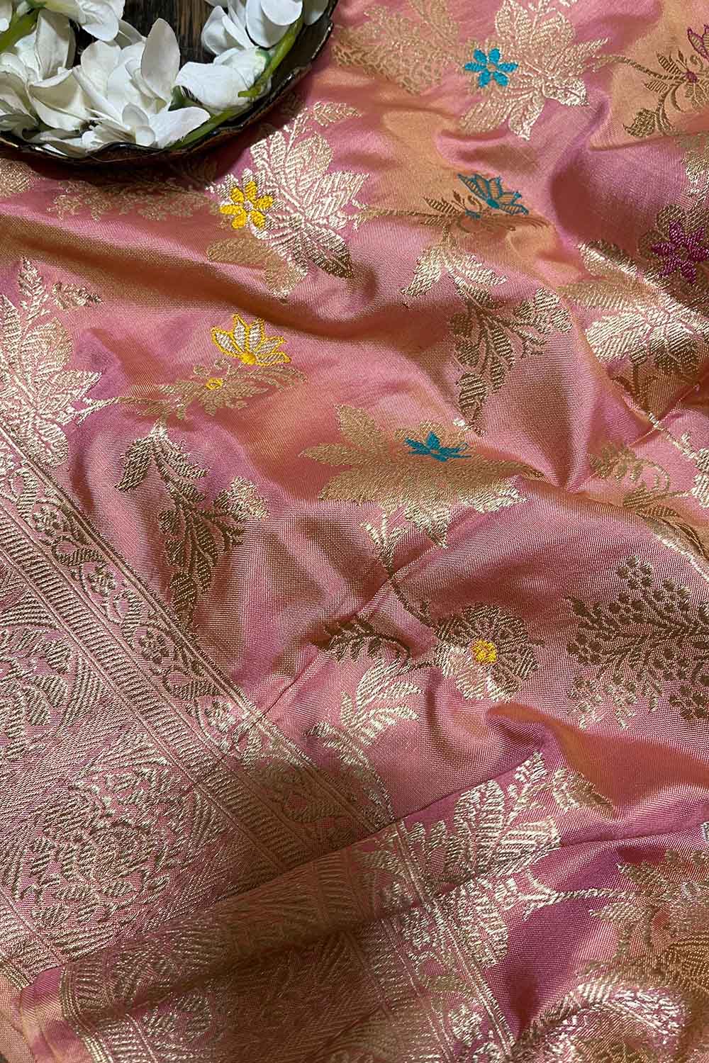 Pink And Orange Shot Handloom Banarasi Pure Katan Silk Meenakari Dupatta - Luxurion World