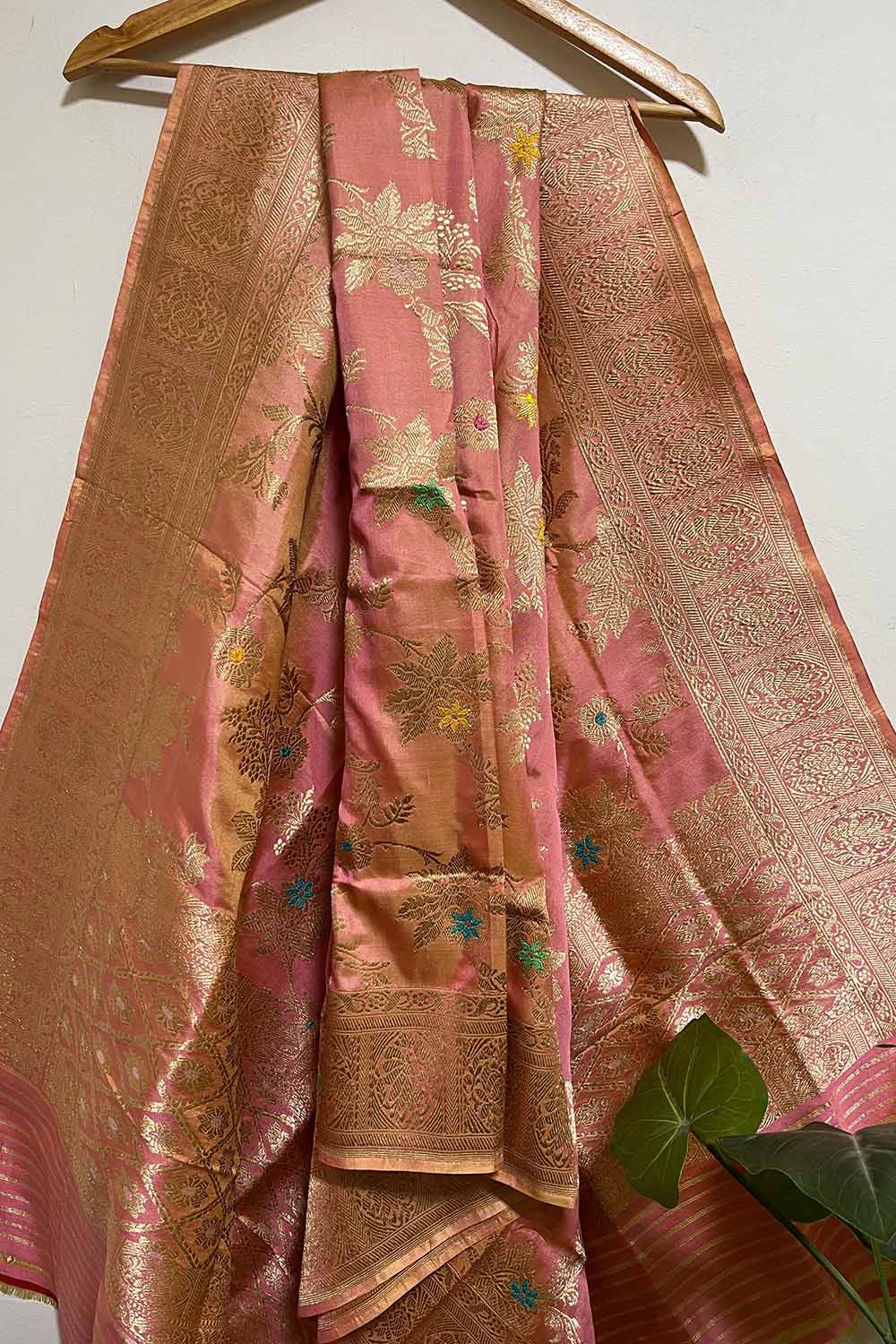 Pink And Orange Shot Handloom Banarasi Pure Katan Silk Meenakari Dupatta - Luxurion World