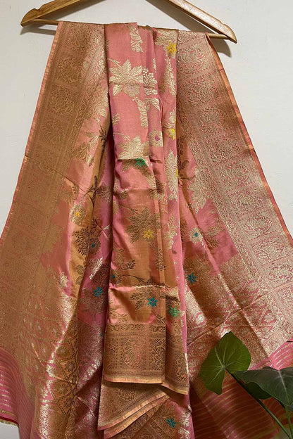 Pink And Orange Shot Handloom Banarasi Pure Katan Silk Meenakari Dupatta - Luxurion World