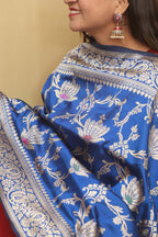 Blue Handloom Banarasi Pure Katan Silk Meenakari Dupatta - Luxurion World- Crafted Heirlooms