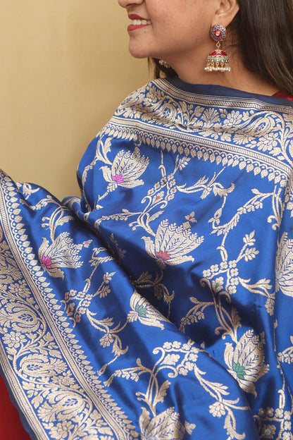 Blue Handloom Banarasi Pure Katan Silk Meenakari Dupatta - Luxurion World