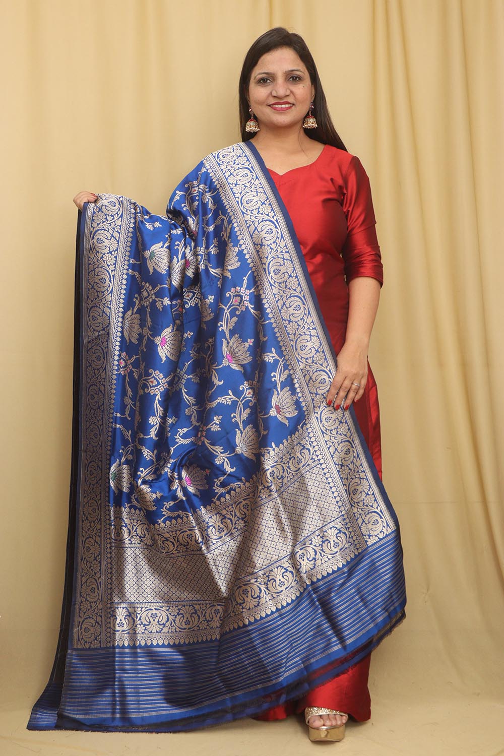 Blue Handloom Banarasi Pure Katan Silk Meenakari Dupatta - Luxurion World- Crafted Heirlooms