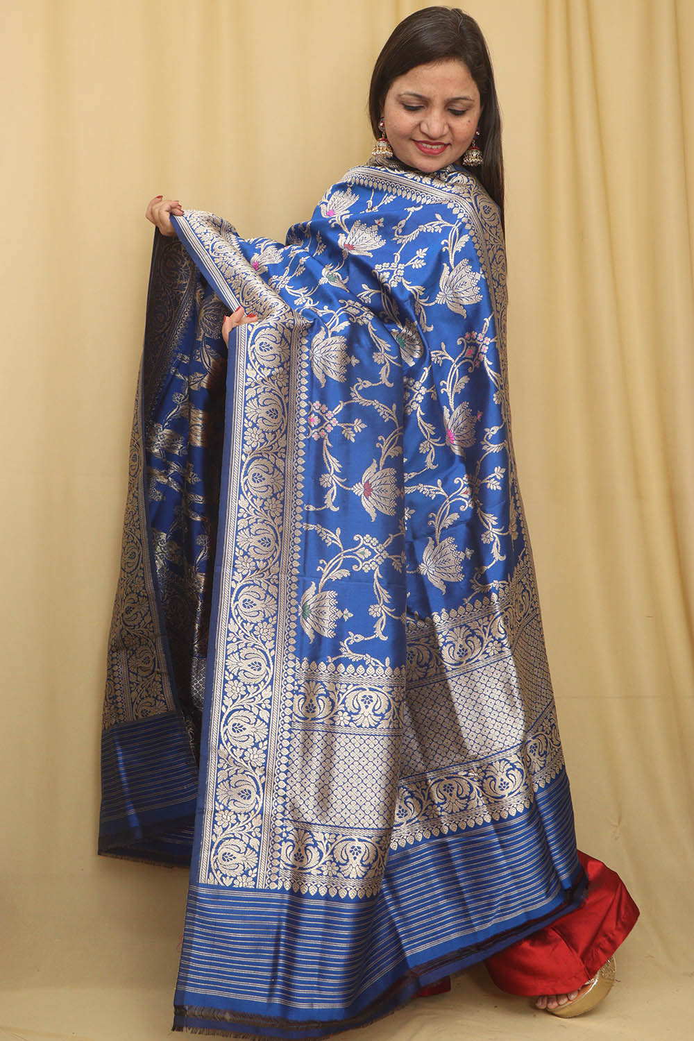 Blue Handloom Banarasi Pure Katan Silk Meenakari Dupatta - Luxurion World- Crafted Heirlooms