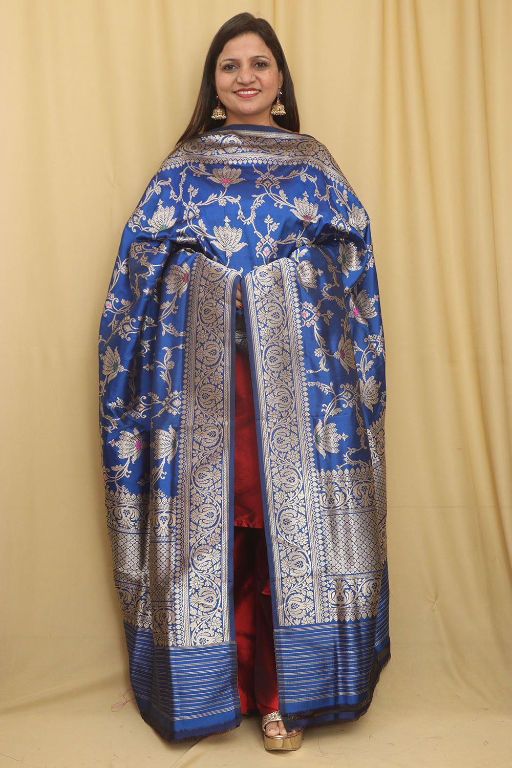 Blue Handloom Banarasi Pure Katan Silk Meenakari Dupatta - Luxurion World