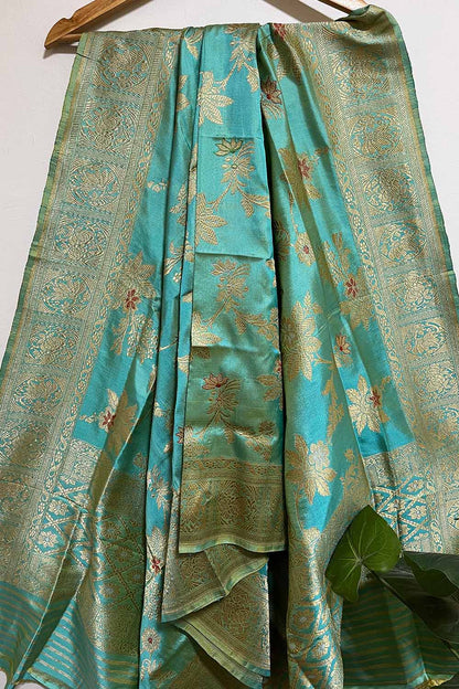 Blue Shot Handloom Banarasi Pure Katan Silk Meenakari Dupatta - Luxurion World
