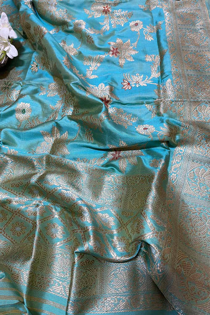 Blue Shot Handloom Banarasi Pure Katan Silk Meenakari Dupatta - Luxurion World
