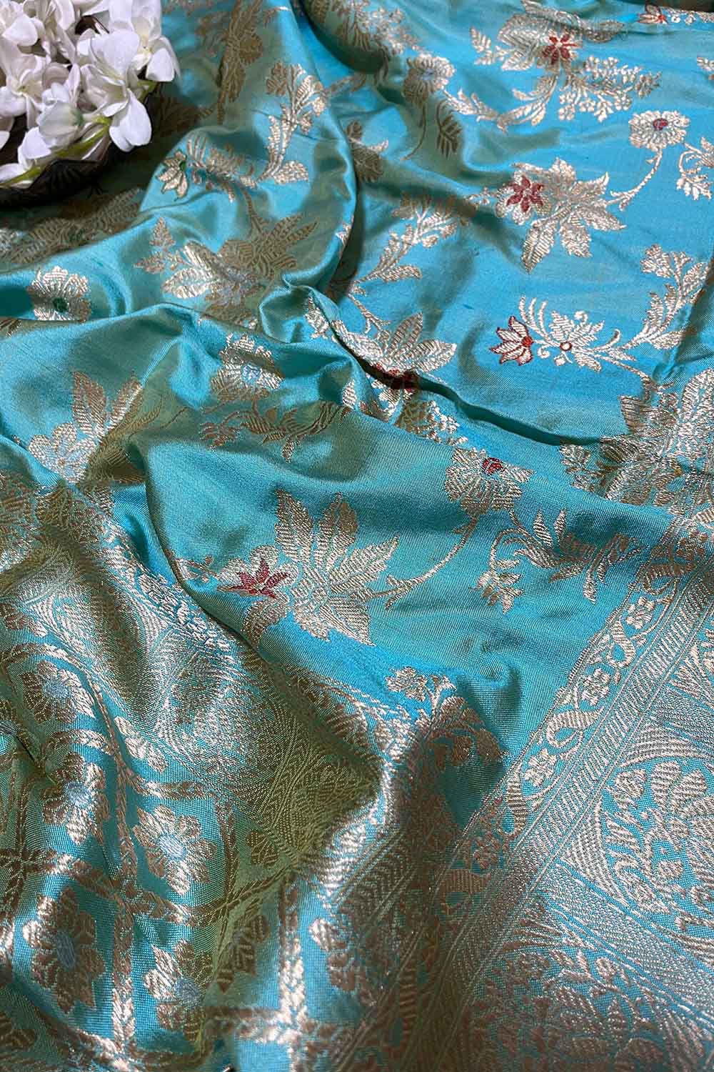 Blue Shot Handloom Banarasi Pure Katan Silk Meenakari Dupatta - Luxurion World