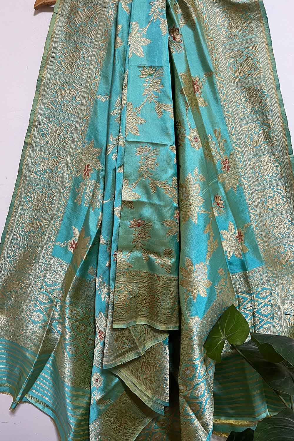 Blue Shot Handloom Banarasi Pure Katan Silk Meenakari Dupatta - Luxurion World
