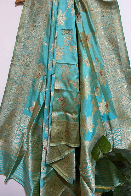Blue Shot Handloom Banarasi Pure Katan Silk Meenakari Dupatta - Luxurion World
