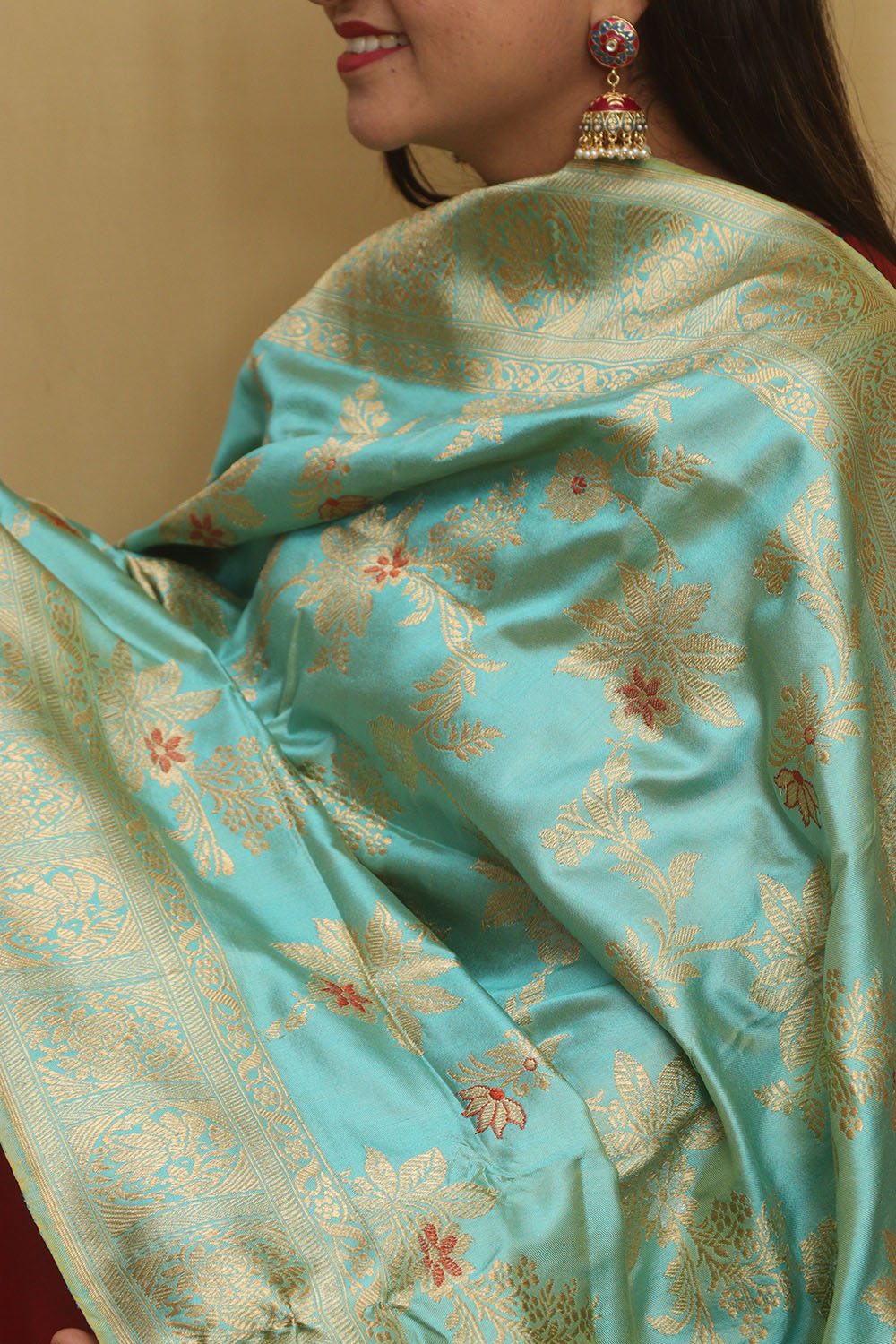 Blue Shot Handloom Banarasi Pure Katan Silk Meenakari Dupatta - Luxurion World- Crafted Heirlooms