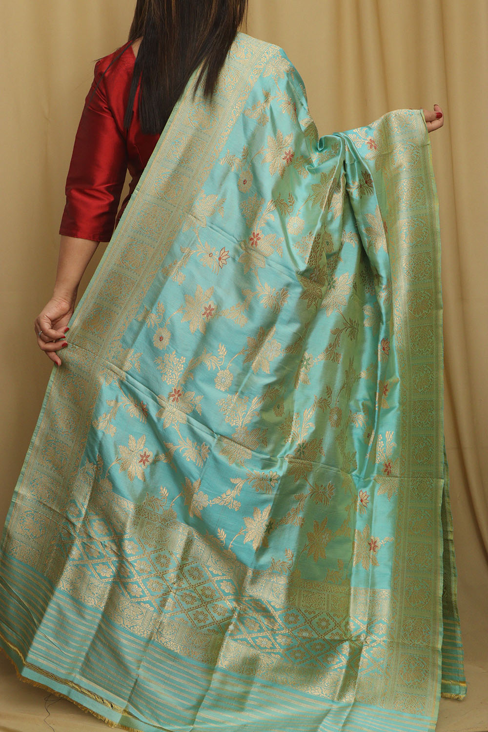 Blue Shot Handloom Banarasi Pure Katan Silk Meenakari Dupatta - Luxurion World