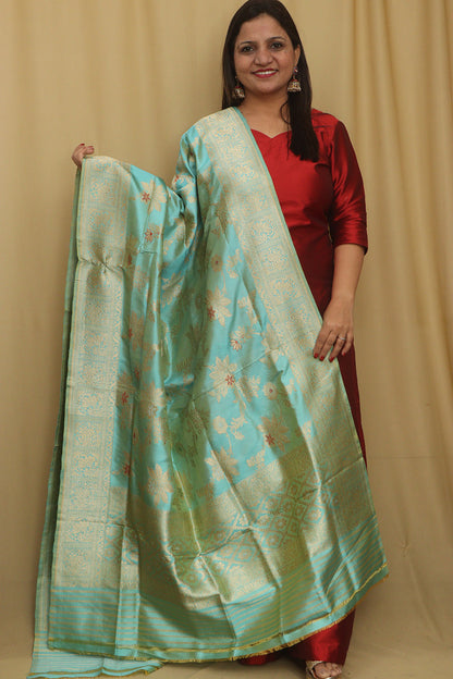 Blue Shot Handloom Banarasi Pure Katan Silk Meenakari Dupatta - Luxurion World