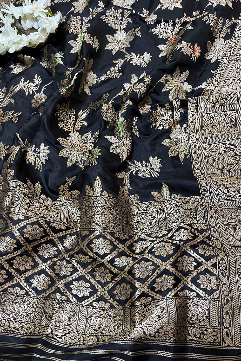 Exquisite Black Handloom Banarasi Silk Meenakari Dupatta - Luxurion World- Crafted Heirlooms