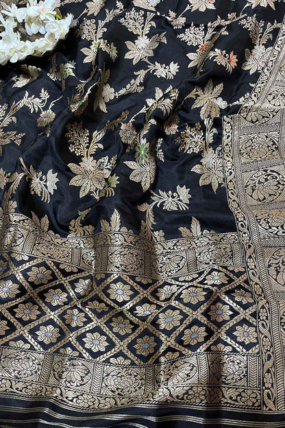 Exquisite Black Handloom Banarasi Silk Meenakari Dupatta - Luxurion World
