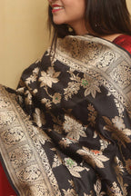 Exquisite Black Handloom Banarasi Silk Meenakari Dupatta - Luxurion World- Crafted Heirlooms