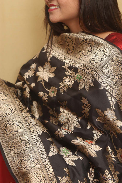 Exquisite Black Handloom Banarasi Silk Meenakari Dupatta - Luxurion World